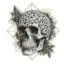 Geometric crystal lattice pattern surrounding a skull. tattoo design idea