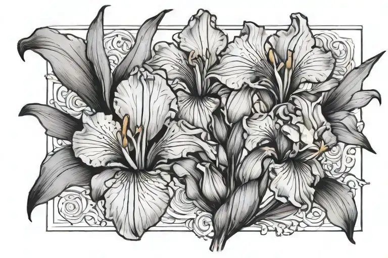 iris and orange blossom flowers tattoo design idea