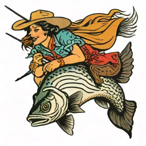 cowgirl riding a striped bass tattoo design idea