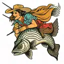 cowgirl riding a striped bass tattoo design idea