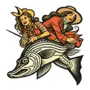 cowgirl riding a striped bass tattoo design idea