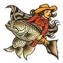 cowgirl riding a striped bass tattoo design idea