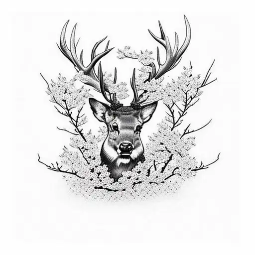 stag with atlers as cherry blossom trees  tattoo design idea