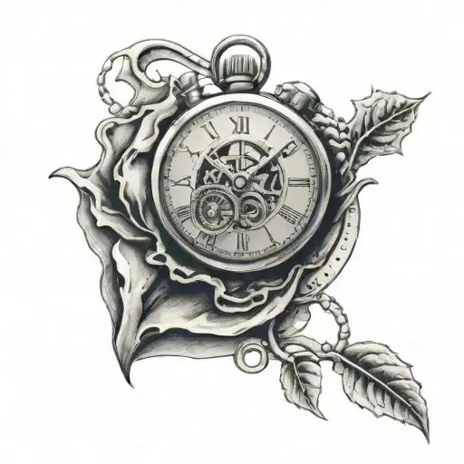 A black-grey tattoo of a stopwatch morphing into a skull, representing the fleeting nature of time and life tattoo design idea