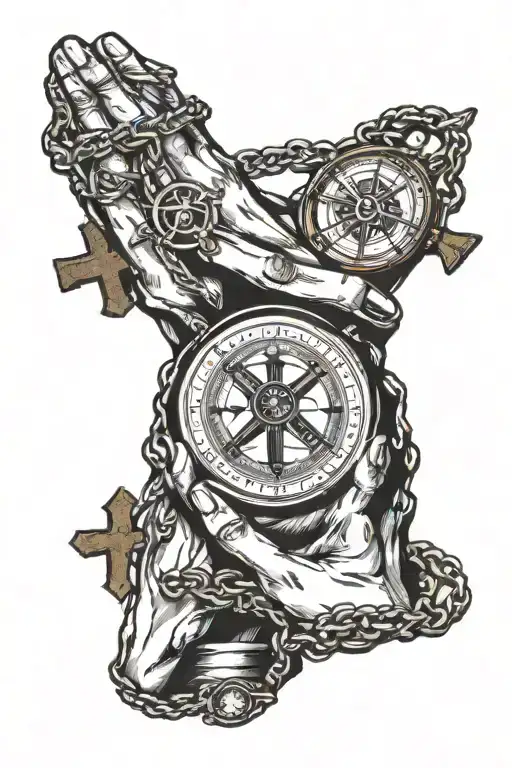Praying hands with a cross necklace in their hands. Below is a compass pointing south. Below is the name Zoe tattoo design idea