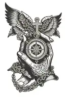 Praying hands with a cross necklace in their hands. Below is a compass pointing south. Below is the name Zoe tattoo design idea