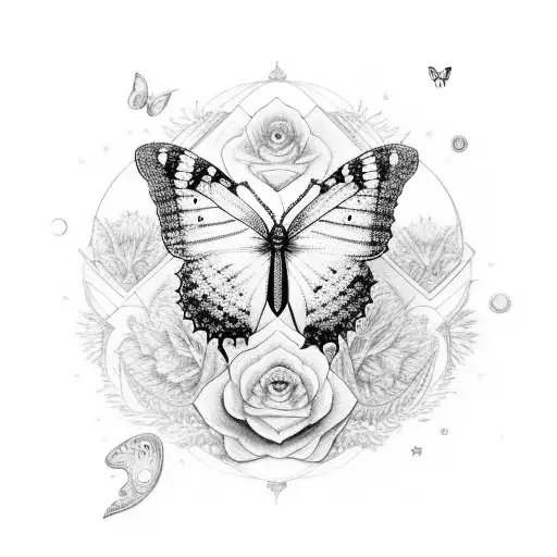A cosmic butterfly emerging from a moonlit flower tattoo design idea