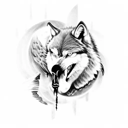 A fierce wolf battling a crow in a Greek mythology inspired scene tattoo design idea
