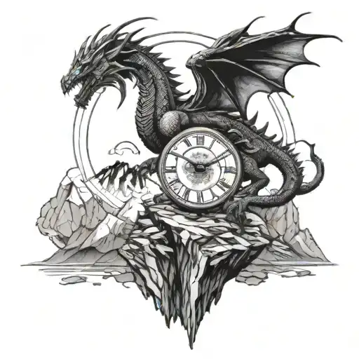A majestic dragon perched on top of a mountain, with roman numeral clock faces integrated into the scenery tattoo design idea