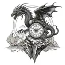 A majestic dragon perched on top of a mountain, with roman numeral clock faces integrated into the scenery tattoo design idea