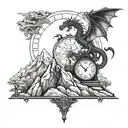 A majestic dragon perched on top of a mountain, with roman numeral clock faces integrated into the scenery tattoo design idea