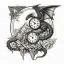 A majestic dragon perched on top of a mountain, with roman numeral clock faces integrated into the scenery tattoo design idea