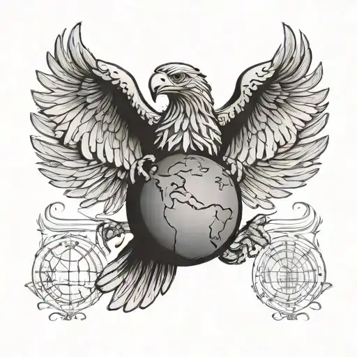 A black and grey tattoo of a majestic eagle with wings spread wide, holding a globe in its talons, symbolizing the client's love for animals and travel tattoo design idea