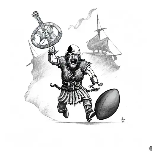 Viking with a skeleton head and body, running with a football, and a viking ship in the background tattoo design idea