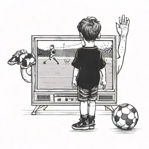 little boy watching soccer game television tattoo design idea