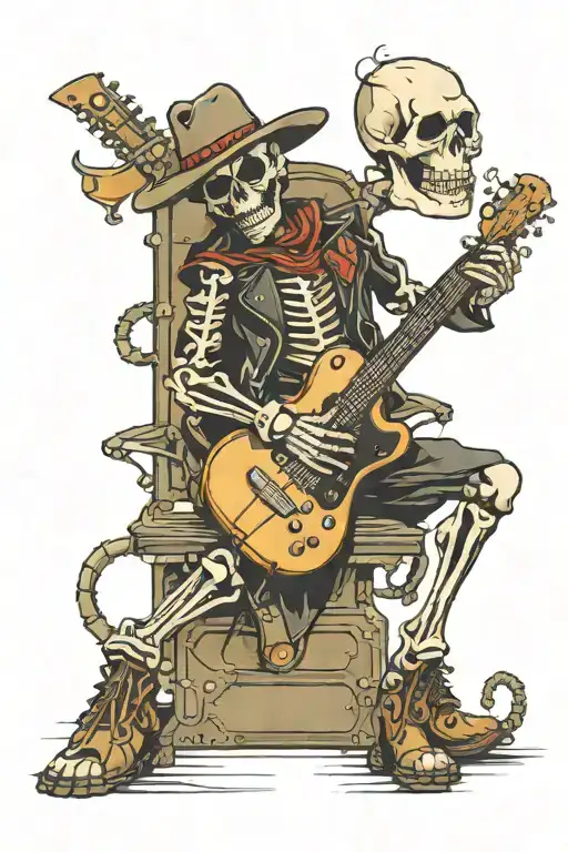 cowboy skeleton sitting on amplifier playing guitar tattoo design idea