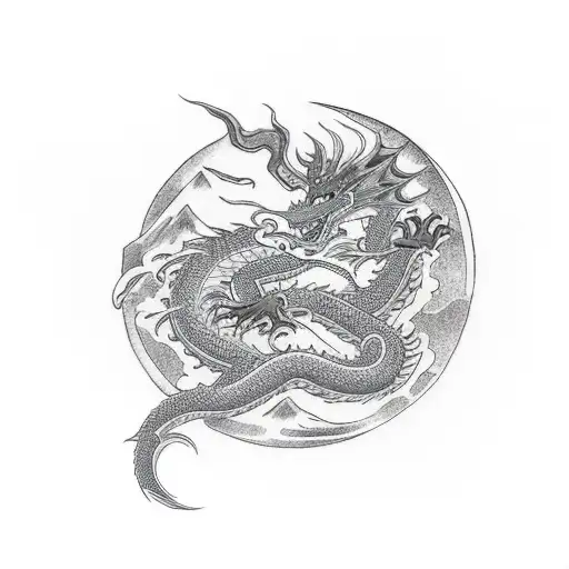 Dragon sleep in the mist moutain tattoo design idea