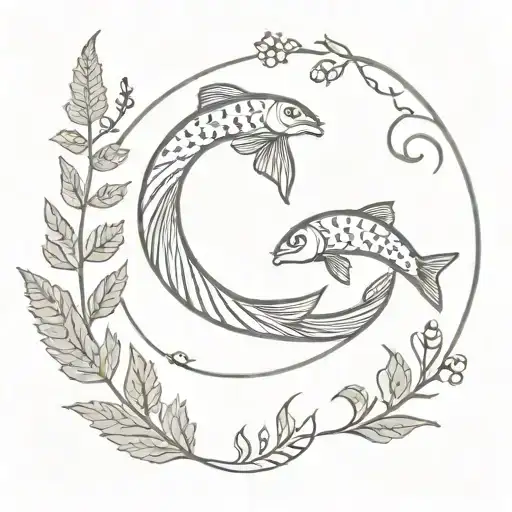 Fern and fish and horseshoe intertwined tattoo design idea