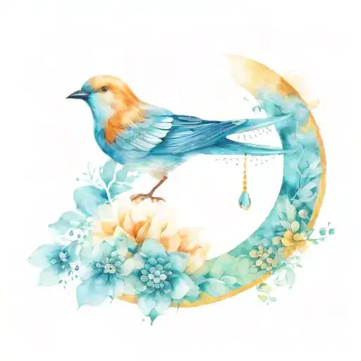 A swift (bird) mandala and jewels dangling  watercolour background tattoo design idea