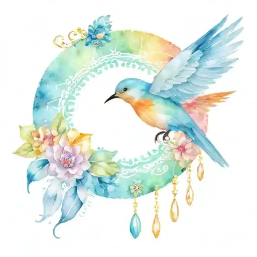 A swift (bird) mandala and jewels dangling  watercolour background tattoo design idea