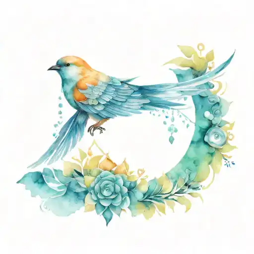 A swift bird, mandala and jewels, watercolour background tattoo design idea