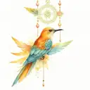 A swift (bird) in flight, mandala and jewels dangling  watercolour background tattoo design idea