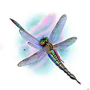 a dragonfly with a purple body and leopard print wings tattoo design idea