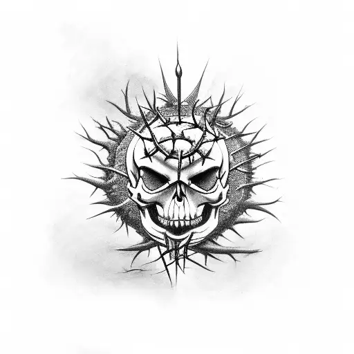 Mad eyes skull wearing crown of thorns tattoo design idea