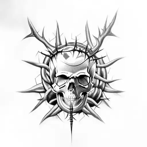 Cursed Skull wearing crown of thorns,  tattoo design idea