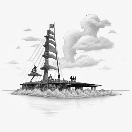 Add a 22 ft speed boat in the water with a bridge in the background tattoo design idea