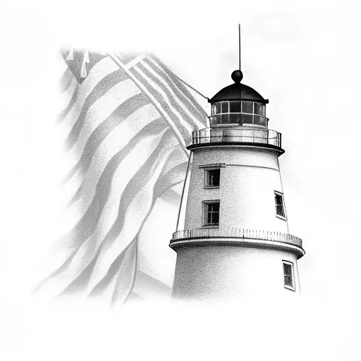 Lighthouse with american flag, 22 ft boat, a bell, and the chesapeak bay bridge tattoo design idea