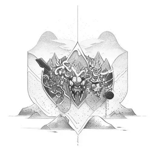 An intricate tattoo design of a clash of clans battle scene set in a nature-inspired background tattoo design idea