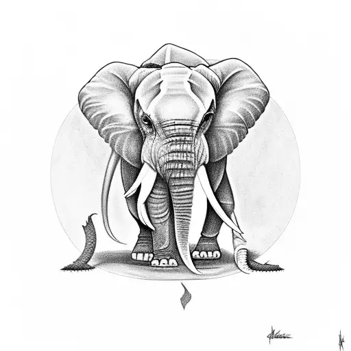 A white three tusked elephant holding leelawadee, dahlia, and lotus in its trunk tattoo design idea