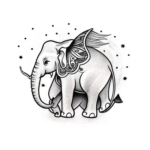 A white three tusked elephant holding leelawadee, dahlia, and lotus in its trunk tattoo design idea