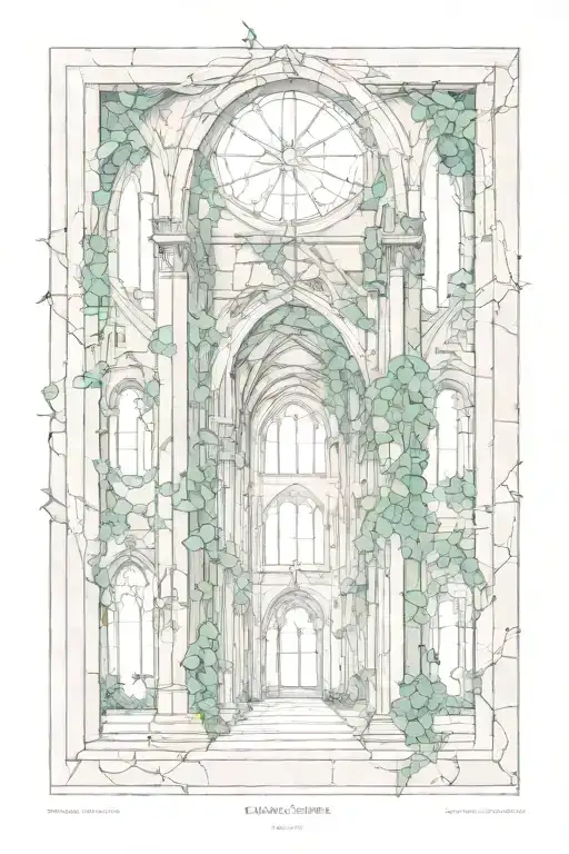 plans and vines intertwined with gothic-style cathedral ruins with stained glass windows tattoo design idea