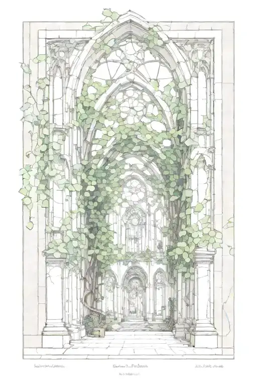 plans and vines intertwined with gothic-style cathedral ruins with stained glass windows tattoo design idea
