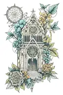 nature reclaiming cathedral ruins with sacred geometry elements tattoo design idea