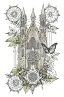 nature reclaiming cathedral ruins with sacred geometry elements tattoo design idea