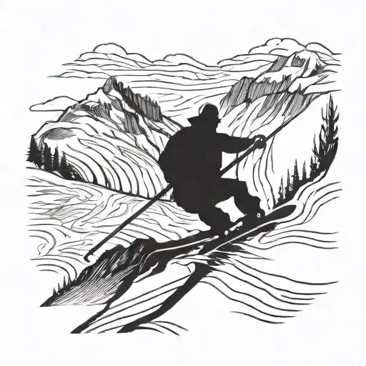 A silhouette of a skier carving down a mountain slope with a flowing river in the background tattoo design idea