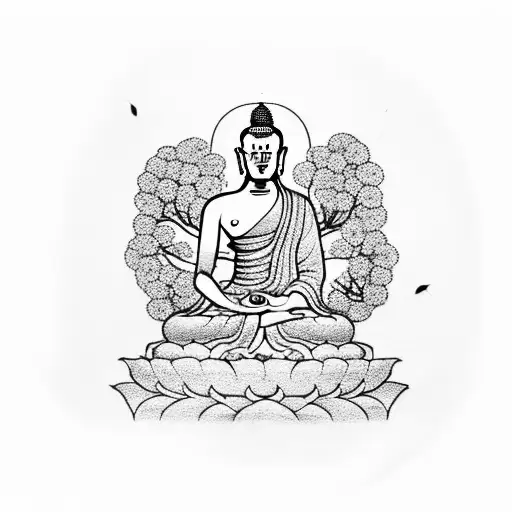 Buddhist monk meditating under a cherry blossom tree tattoo design idea