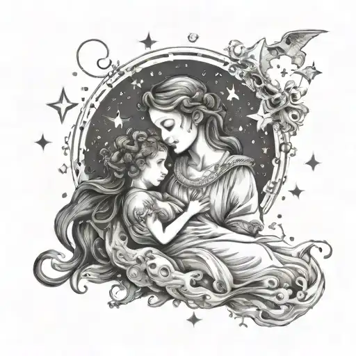 A dreamy twilight scene with a mother figure singing lullabies to the stars tattoo design idea