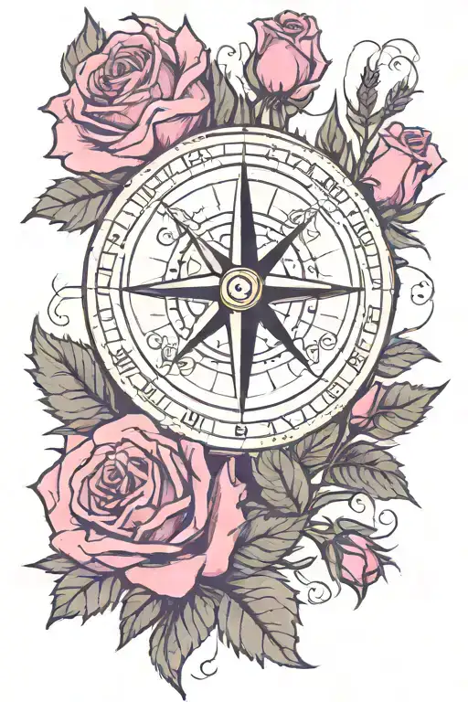 Scottish compass with purple thistles and blush pink roses  and coordinates  tattoo design idea