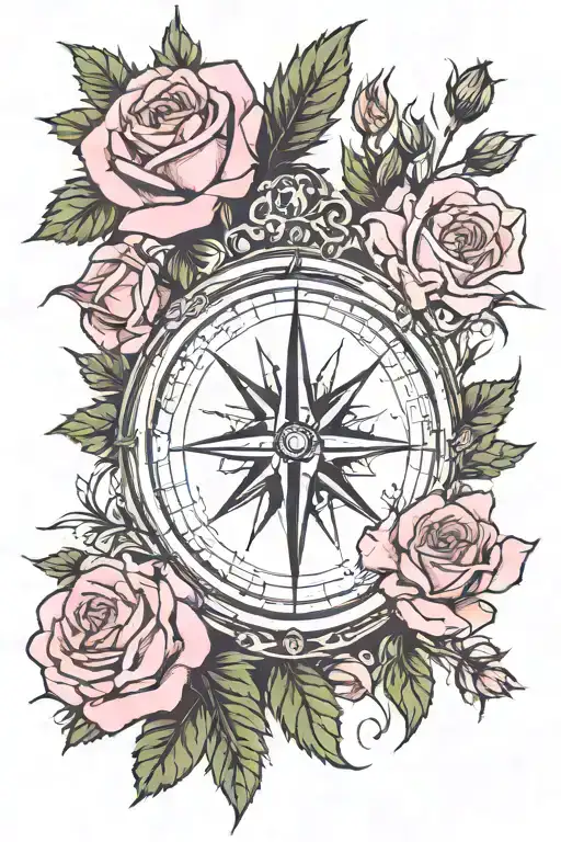 Scottish compass thistles and blush pink roses and coordinates  tattoo design idea