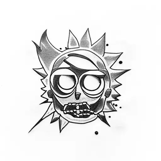 uma tatuagem do Rick e Morty, como personagens, planetas, dimensões alternativas, e a nave espacial. tattoo design idea