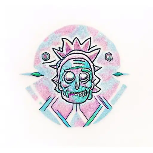 uma tatuagem do Rick e Morty, planetas, dimensões alternativas, e a nave espacial. tattoo design idea