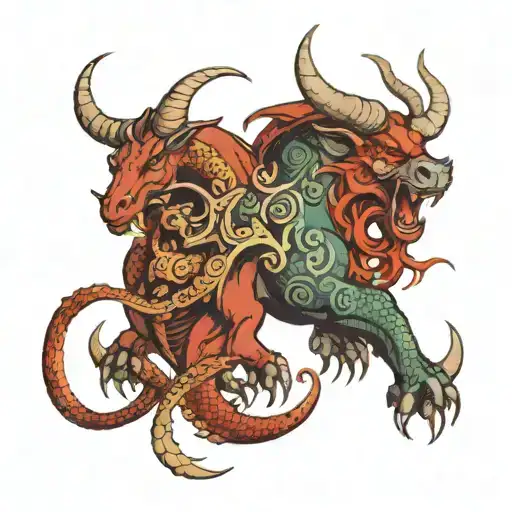 DRAGON AND TAURUS BULL WITH TIME tattoo design idea