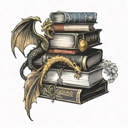 book stack with 2 dragons, golden snitch, poppy flower, acotar tattoo design idea