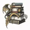 book stack with 2 dragons, golden snitch, poppy flower, acotar tattoo design idea
