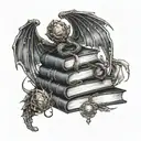 book stack with 2 dragons, golden snitch, poppy flower, acotar tattoo design idea
