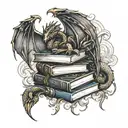 book stack with 2 dragons, golden snitch, poppy flower, acotar tattoo design idea